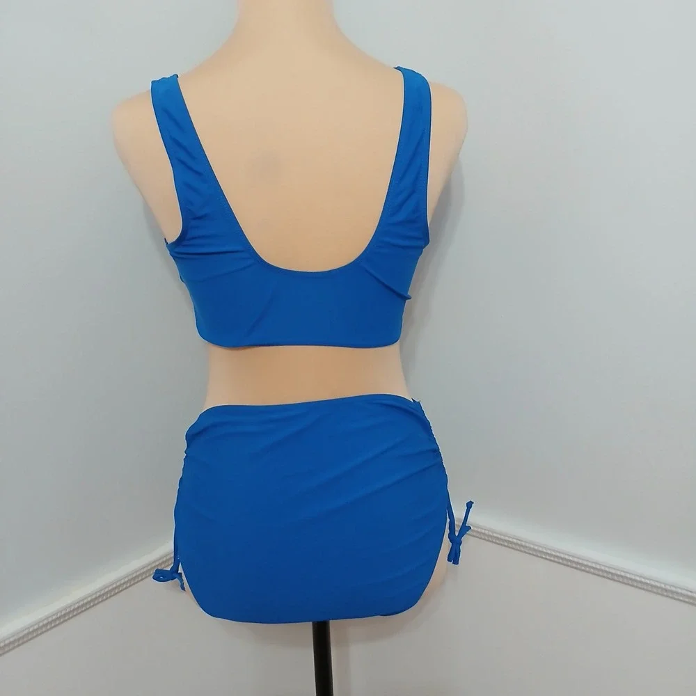 Blue High Waisted Bikini Set Crossover V-Neck Ruched Side Tie Swimsuit Medium‎
